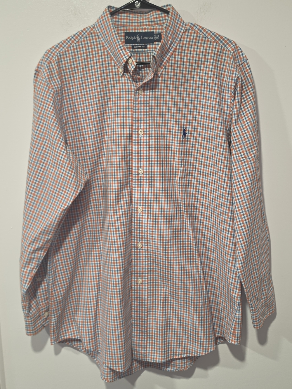 Ralph Lauren Custom Fit Button-Down Orange & Blue Plaid Dress Shirt Size 16 1/2